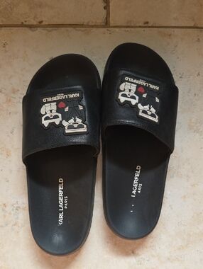 Karl Lagerfeld Black Slide Sandals with Character Patch Detail